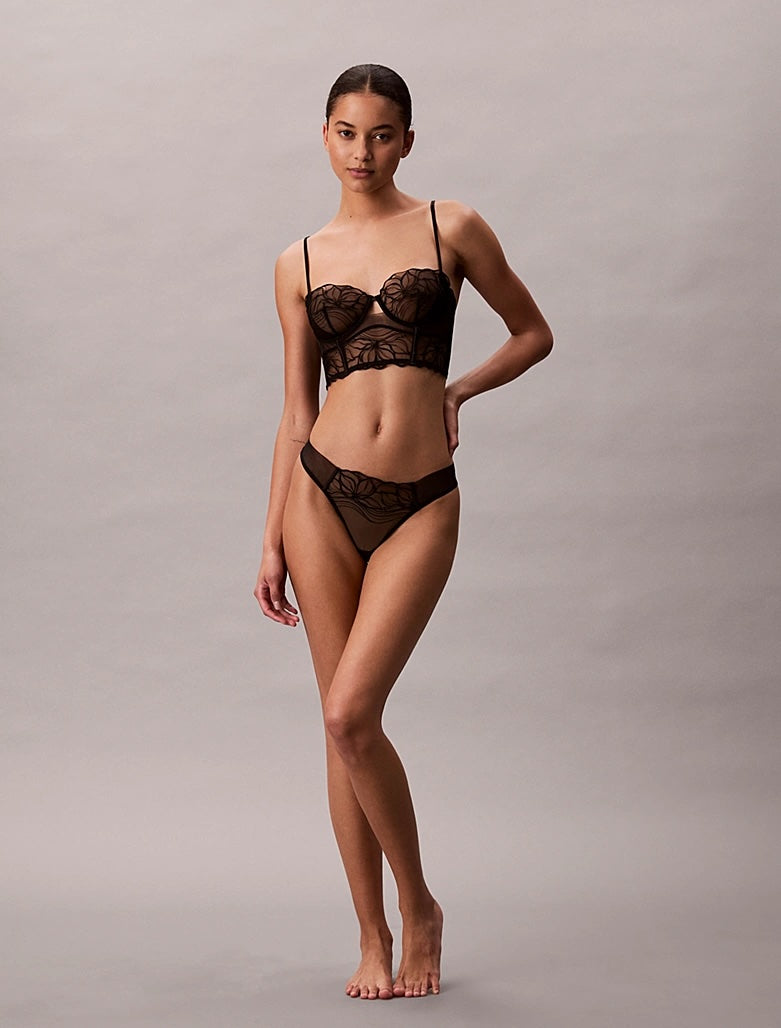 CK BLACK FLORAL LACE - THONG